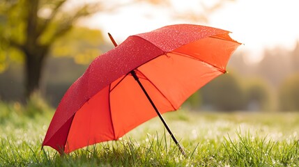 A vibrant red umbrella rests open on a grassy field during a golden hour sunset.