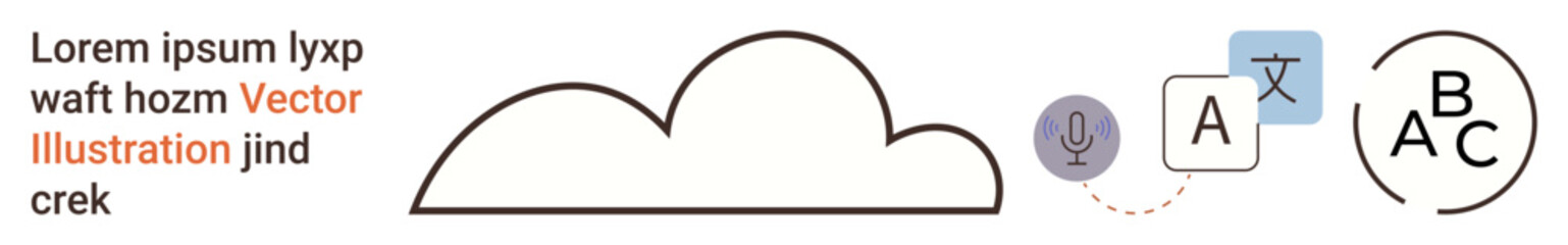 Cloud computing, translation services, AI language processing, information sharing, digital technology, communication. Cloud with related icons and text. Cloud computing and translation services