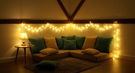 Cozy living space with decorative lighting and comfortable seating arrangement