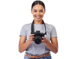 Professional photographer standing with DSLR camera ready to shoot, isolated on a transparent background, PNG