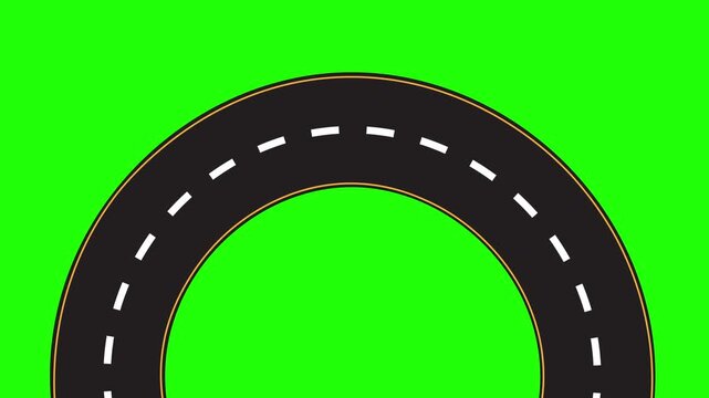 Highway animation, highway bend, caution area there is a sharp bend on green screen, 4K video cartoon concept