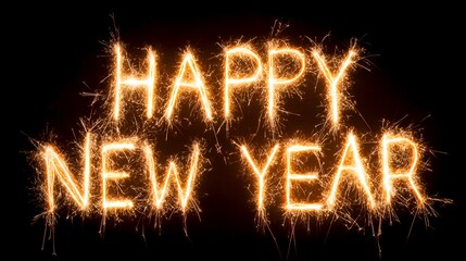 Happy New Year is spelled out in bright golden sparklers against a black background creating a festive and celebratory message for the holiday.