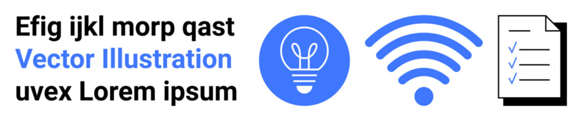 Innovation, connectivity, education, organization, communication, technology. Blue light bulb, wireless signal and checklist on a document. Innovation and connectivity concept
