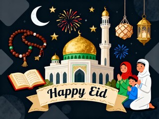 Eid al-Fitr Celebration Illustration with Fireworks and Mosque