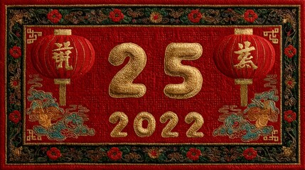 Embroidered festive Chinese new year motif displays golden numerals 25 and 2022 adorned with lanterns and ornate decorations in red hues.