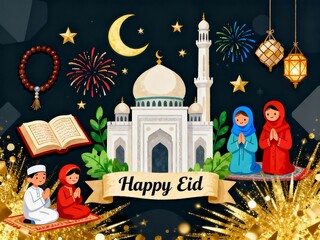 Festive Eid al-Fitr Illustration with Moon and Stars