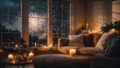 Cozy New Year evening at home, warm candle light, soft decorations, window with glowing fireworks outside, calm and peaceful atmosphere, cinematic lighting, realistic lifestyle photography, shallow de