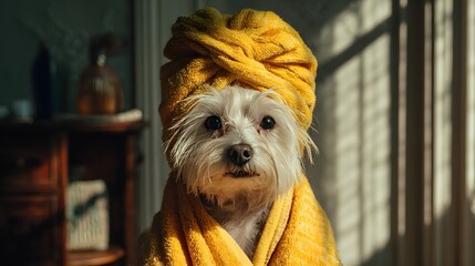 Adorable White Dog Wrapped in a Yellow Towel After Bath Time.