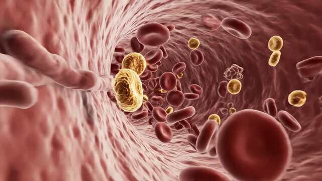 Insulin traveling through microcirculation, weaving between red blood cells and plasma proteins. Vessel walls maintain realistic, hydrated textures. Insulin particles bind intermittently to receptors 
