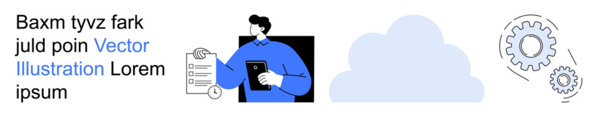 Cloud computing, workflow management, team collaboration, cybersecurity, data storage, automation. A professional with a tablet beside a cloud and gear icons. Cloud computing and workflow management