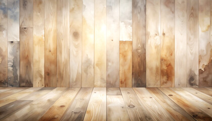 水彩風イラストの木製壁床背景_generated by AI