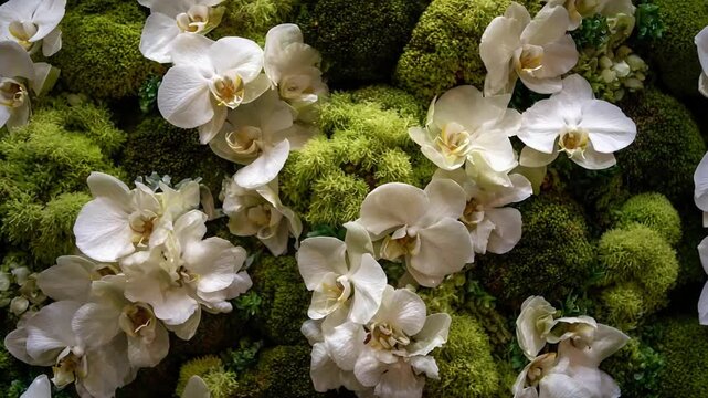 Elegant White Orchids and Lush Green Moss Creating a Beautiful Natural Floral Background.