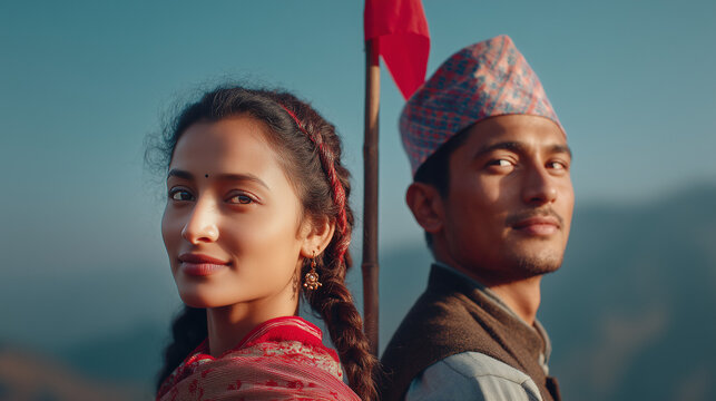 Traditional young couple embodying national pride and cultural heritage, reflecting the historical significance of Prithvi Jayanti, Gorkha & Nuwakot in Nepal's scenic beauty