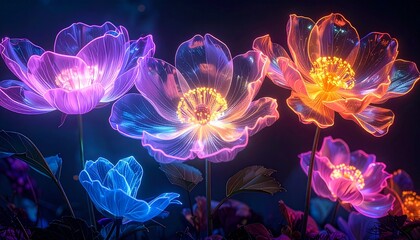 giant translucent flowers glowing in neon colors, dreamlike fantasy atmosphere