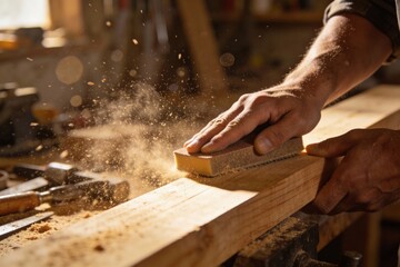 Hands meticulously sanding a wooden plank, creating fine dust particles that catch the light in a workshop setting