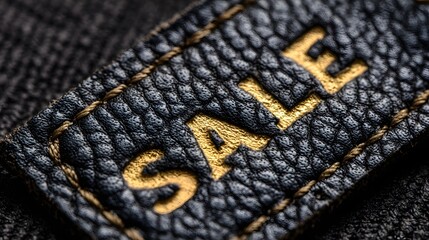 Close up of a leather tag with the word SALE embossed in gold letters.