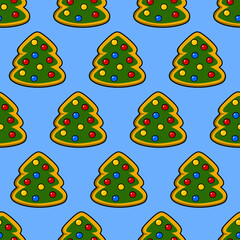 A seamless pattern of cartoon Christmas tree cookies on a blue background. Suitable for decorating fabrics, wrapping paper, wallpaper, backgrounds, and much more.
