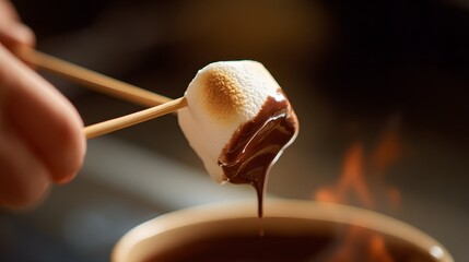 Close up of a toasted marshmallow being dipped into melted chocolate.