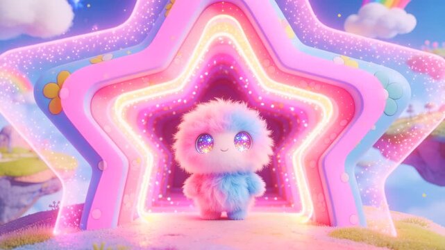 Cute fluffy 3d character at the heart of a multidimensional star chamber as holographic star planes advance rhythmically with each layer transition pulsing and illuminating with different fun colors