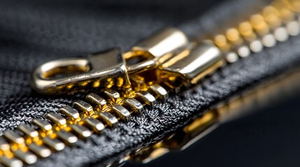 Close-up Macro Shot of a Golden Zipper on Black Fabric.