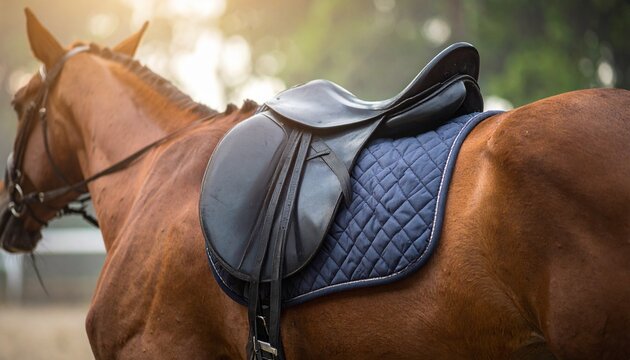 Elegant black riding saddle with a blue quilted pad positioned securely on the strong back of a magnificent brown horse, bathed in warm golden light, poised for an equestrian adventure