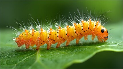 Close-up Macro Shot of a Vibrant Orange Caterpillar Crawling on a Lush Green Leaf.