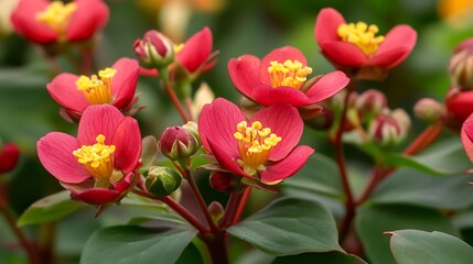 Cluster of bright red wax begonia flowers with vibrant yellow stamens bloom beautifully