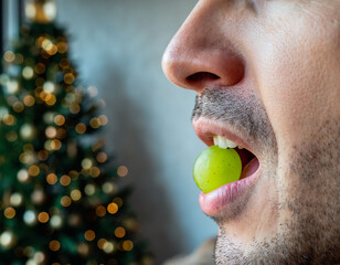 Man eating a green grape on New Year&rsquo;s Eve with blurred Christmas tree lights