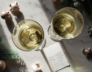 Vista cenital de dos copas de champ&aacute;n sobre mesa decorada para celebraci&oacute;n navide&ntilde;a