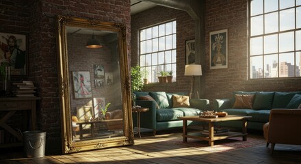 Elegant interior living room with large mirror and natural sunlight