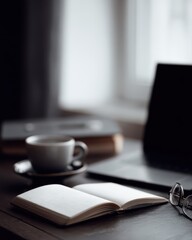 Naklejka premium freelancer workspace with laptop and notebook, independent work lifestyle
