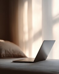 remote work freedom concept with laptop near bright window