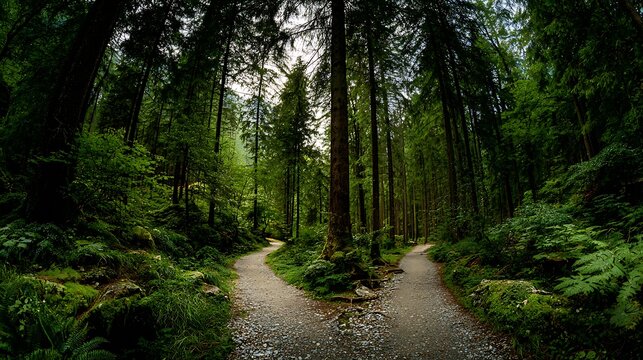 Forest Path Diverges Two Gravel Trails Through Lush Green Woodlands