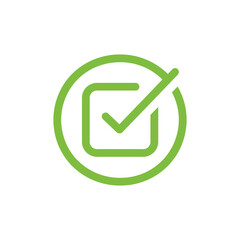 Green tick inside square within circle signifies approval and correctness on white
