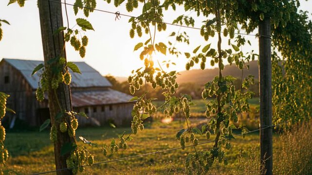 A breathtaking golden hour sunset illuminates a rural landscape featuring lush hop vines in the foreground, with a rustic old barn and rolling hills