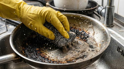 Burnt pan cleaning with steel wool and yellow rubber glove, water splashing, kitchen sink and faucet in background