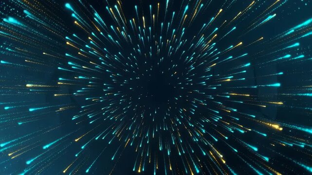 Abstract motion graphic featuring an explosion of blue and gold particles bursting outwards from the center against a dark, deep space background