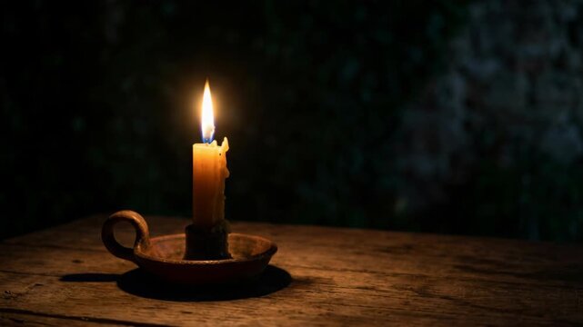 A single yellow candle burns brightly in a rustic holder on a wooden table. The background shows dark foliage, creating a moody, tranquil atmosphere