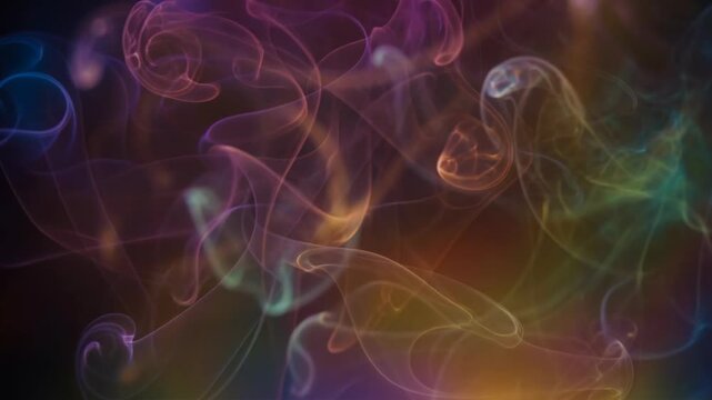 Close-up of swirling colorful smoke with soft gradient lighting creating an abstract and ethereal pattern against a dark backdrop