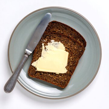 Two slices of dark bread with butter on a gray plate