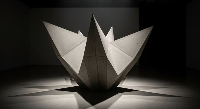 Abstract multifaceted light grey concrete sculpture centrally placed in a dark room casting sharp shadows