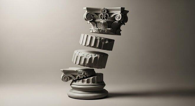 Classical stone column in four broken levitating pieces against a neutral background