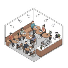 Isometric Office Workspace with People Working.