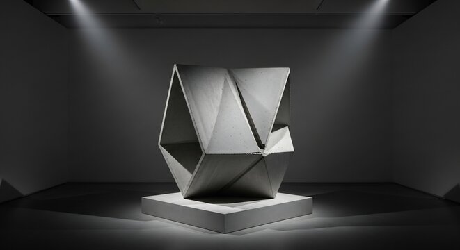 Geometric concrete sculpture on a light plinth illuminated by spotlights in a stark dark art gallery