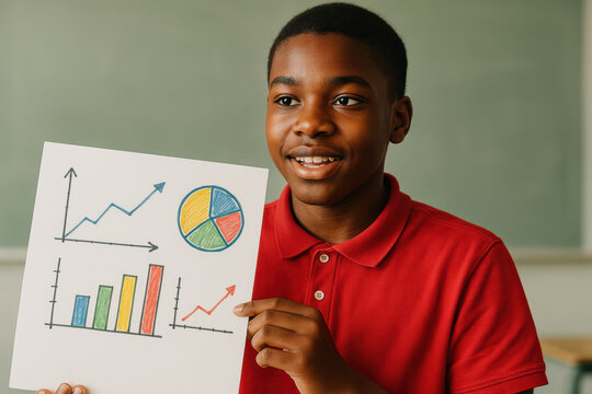 Smiling student presenting colorful hand drawn charts and graphs in classroom, showcasing learning and academic progress - Powered by Adobe