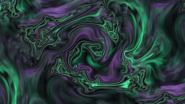 Abstract seamless pattern featuring swirling fractal forms in deep purple and emerald green with metallic textures creating a vibrant and energetic