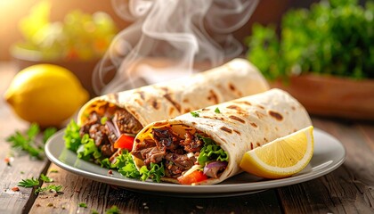 Steaming Hot Grilled Meat Wraps with Fresh Vegetables, Served on Rustic Wooden Table with Lemon