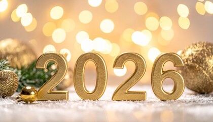 Golden numbers 2026 on snow with festive Christmas ornaments and warm bokeh lights for New Year celebration.