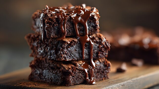 Decadent Chocolate Brownies Stacked and Drizzled with Rich Chocolate Sauce.