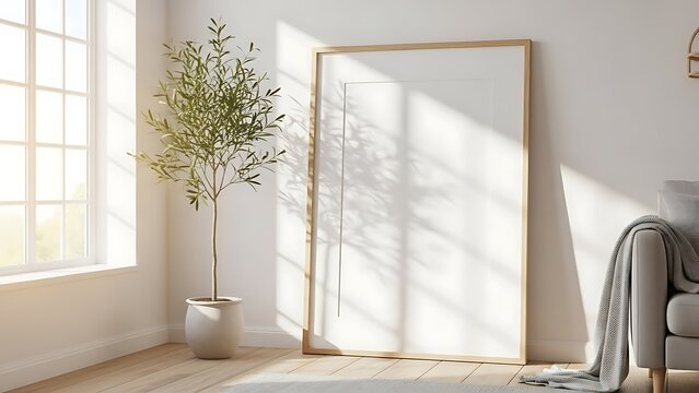 Bright minimalist living room interior with a large empty picture frame leaning against a white wall, bathed in natural sunlight.